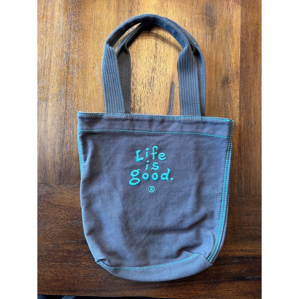 Life is Good Mini Tote Bag Canvas Gray Turquoise Embroidered Small Handbag